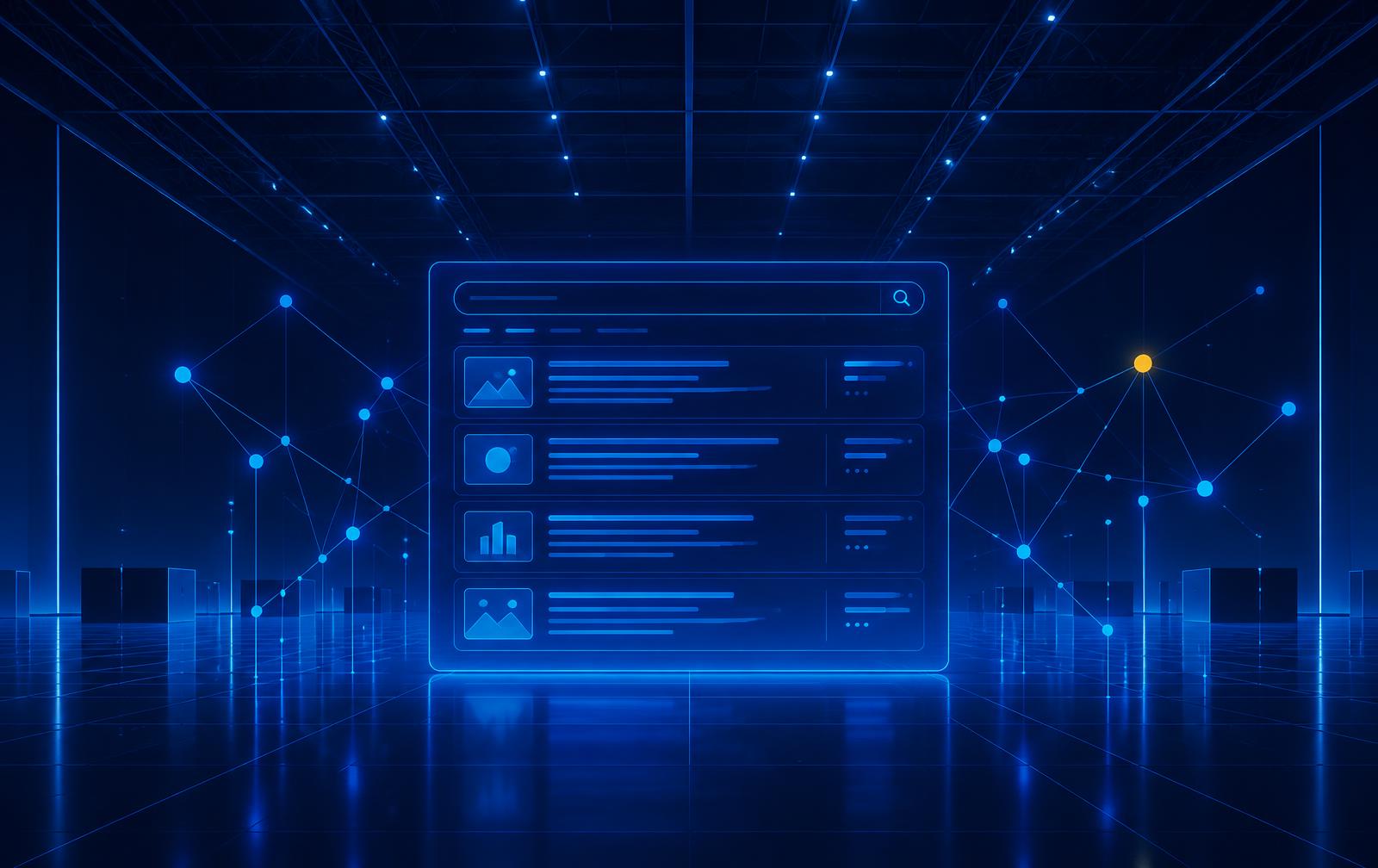 Editorial illustration of a search results panel glowing inside an exhibition hall grid